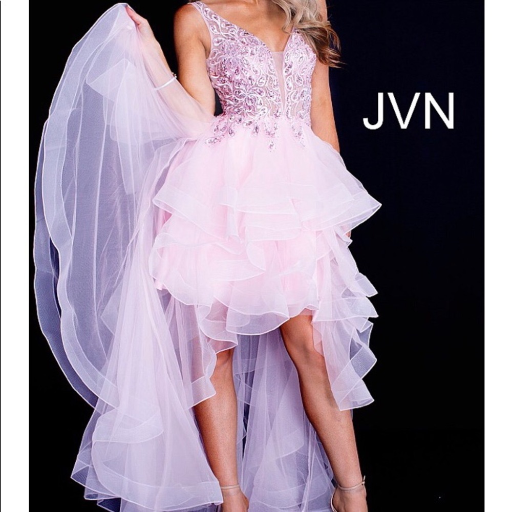 Pink High Low Ruffle Embellished Prom Dress